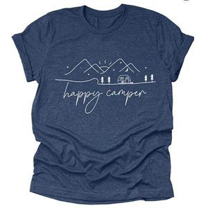 MOUSYA  Womens Happy Camper T Shirt Fun Camping Hiking Graphic T Small Blue